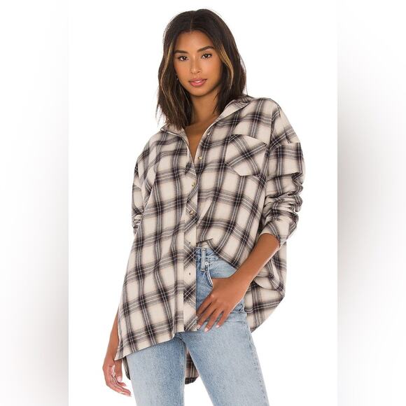 Lovers + Friends Gela Oversized Nude Plaid Relaxed Fit Button Down Shirt Size XS - Picture 1 of 6